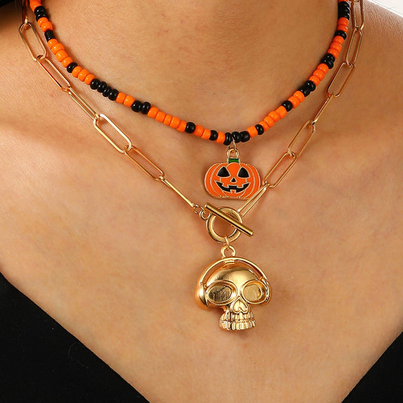Gothic Style Pumpkin Skull Necklace And Bat Beaded Bracelet For Women Alloy Jewelry With Cartoon And Geometric Animal Patterns Electroplated