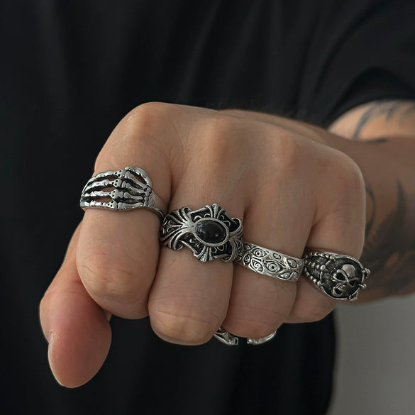 Gothic Style Skull Gemstone Alloy Ring And Bracelet Set For Men With Electroplating