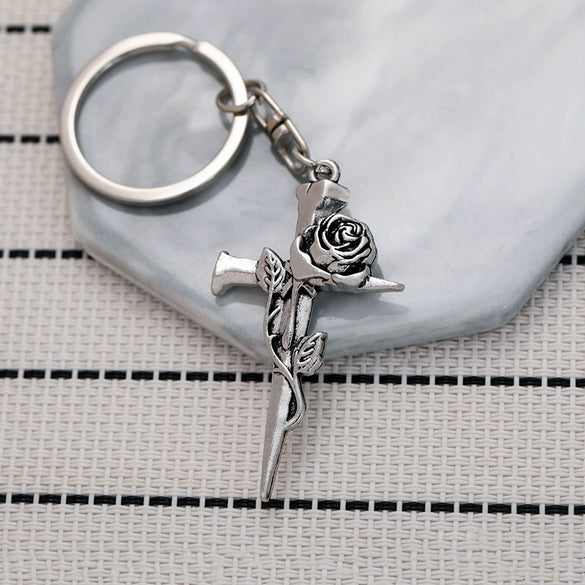 Gothic Vintage Thorn Rose Cross Zinc Alloy Metal Keychain Pendant For Backpack And Car