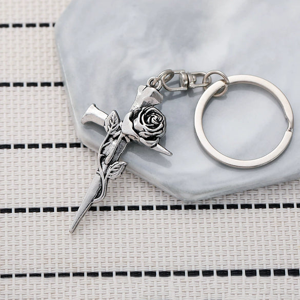 Gothic Vintage Thorn Rose Cross Zinc Alloy Metal Keychain Pendant For Backpack And Car