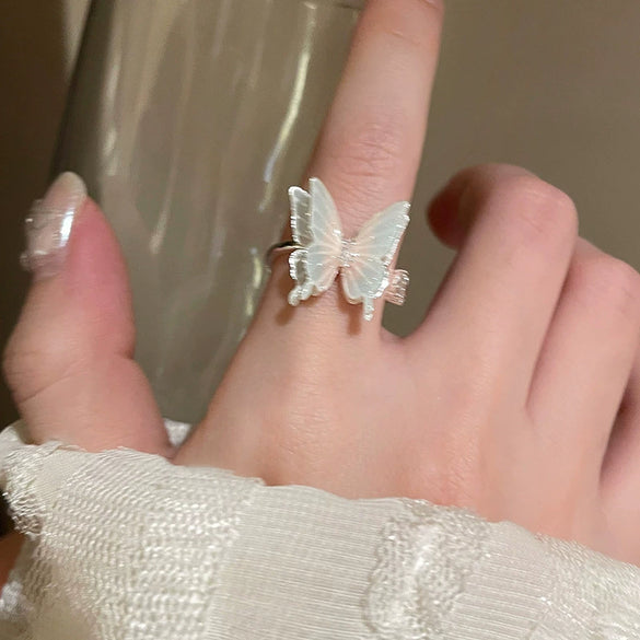 Gradient Artificial Blue Crystal Butterfly Ring And Super Fairy Princess Style Bracelet In Glass And Glaze With Animal Pattern And Crystal Treatment Process