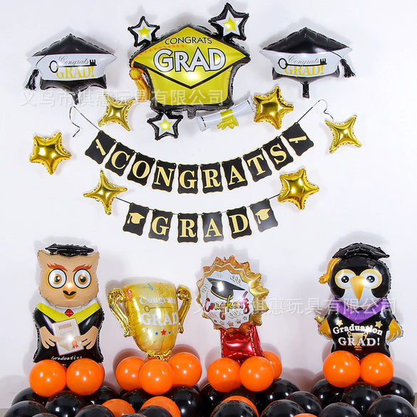 Graduation Party Balloon Decoration Set With Black And Gold Aluminum Foil Balloons And Flags For School Classrooms Kindergartens And Teacher Appreciation Events