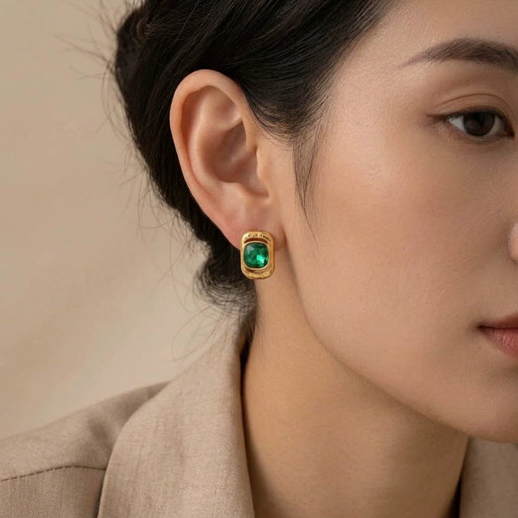 Green Crystal Glass Geometric Earrings For Women Stainless Steel Pvd Gold Plated Minimalist Everyday Jewelry