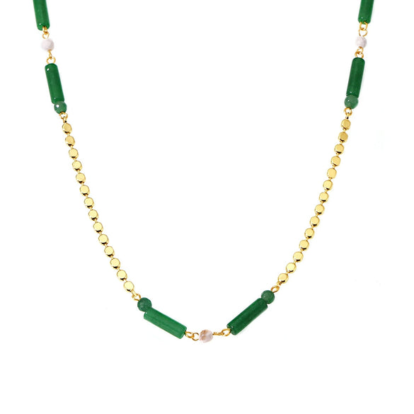Green Dongling Stone And Stainless Steel Bamboo Necklace With Electroplating For Women Light Luxury Style Geometric Design