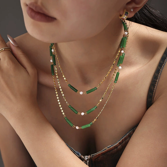 Green Dongling Stone And Stainless Steel Bamboo Necklace With Electroplating For Women Light Luxury Style Geometric Design