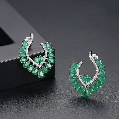Green Geometric Flower Stud Earrings For Women Electroplated Copper With Zircon Inlay Fashion Statement Jewelry