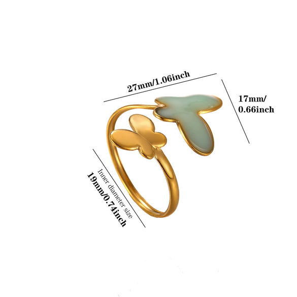 Green Leaf And Butterfly Ring With Dripping Oil Finish Simple Botanical Open Finger Ring For Women Wholesale