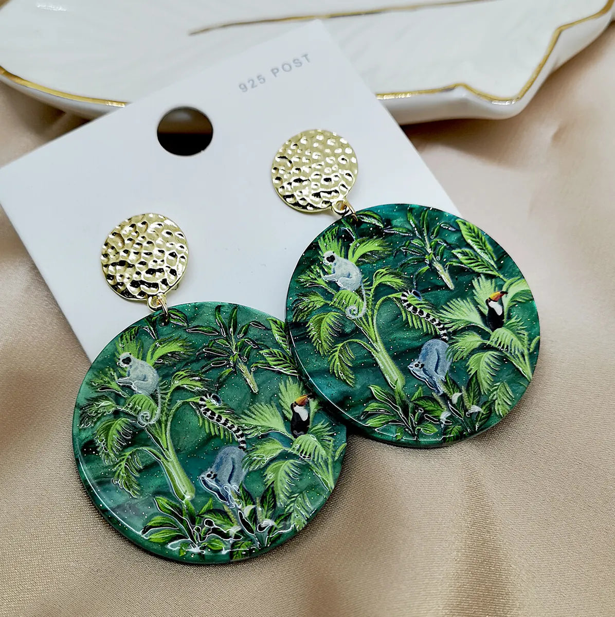 Green Rainforest Animals Plants Embossed Printed Earrings