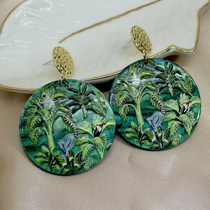 Green Rainforest Animals Plants Embossed Printed Earrings