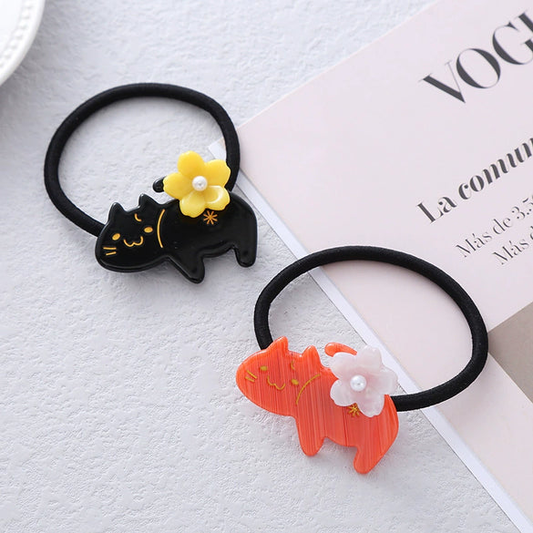 Hair Accessories Acrylic Handmade Cartoon Animals Kitten Flower Rubber Band Leather Band