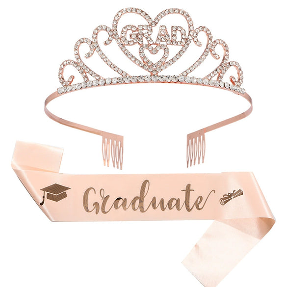 Hair Accessories Alloy Rhinestone Letter Crown Shoulder Strap Ribbon 2Piece Set For Graduation Party