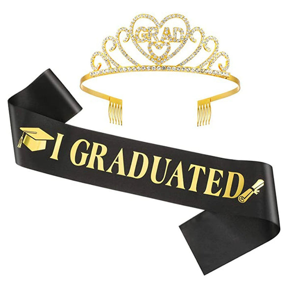 Hair Accessories Alloy Rhinestone Letter Crown Shoulder Strap Ribbon 2Piece Set For Graduation Party