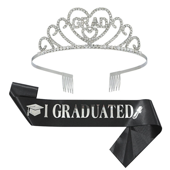 Hair Accessories Alloy Rhinestone Letter Crown Shoulder Strap Ribbon 2Piece Set For Graduation Party