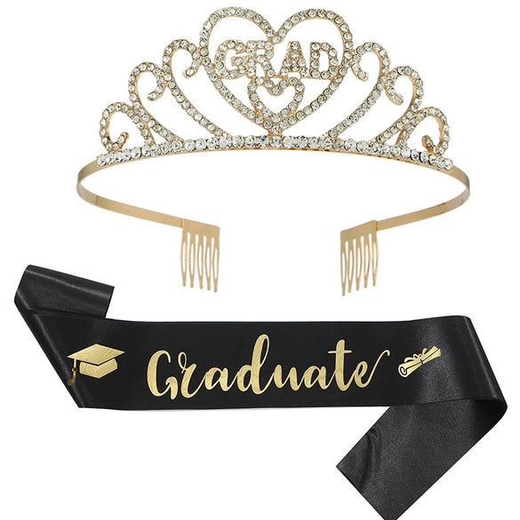 Hair Accessories Alloy Rhinestone Letter Crown Shoulder Strap Ribbon 2Piece Set For Graduation Party