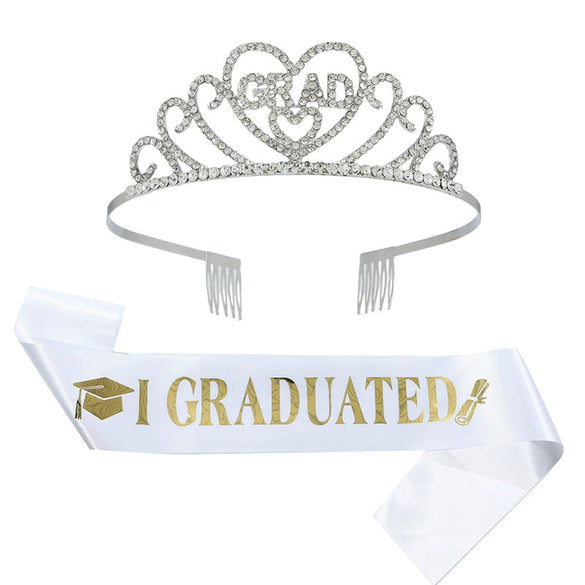 Hair Accessories Alloy Rhinestone Letter Crown Shoulder Strap Ribbon 2Piece Set For Graduation Party