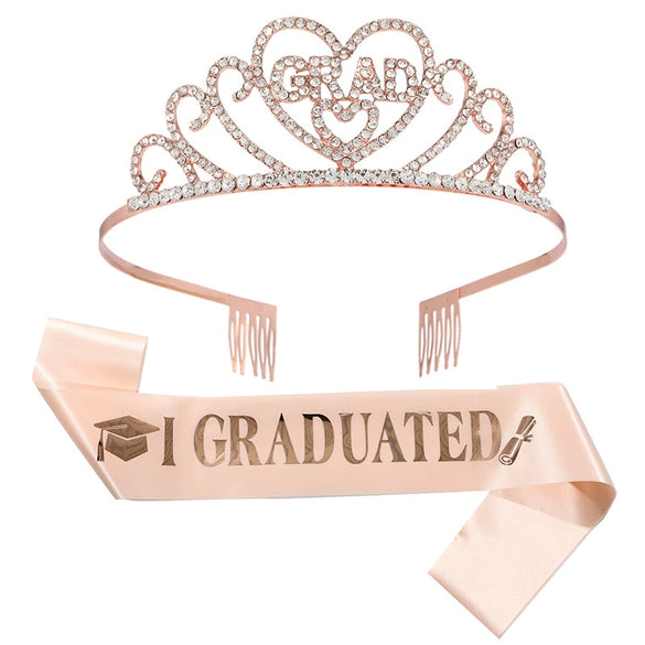 Hair Accessories Alloy Rhinestone Letter Crown Shoulder Strap Ribbon 2Piece Set For Graduation Party