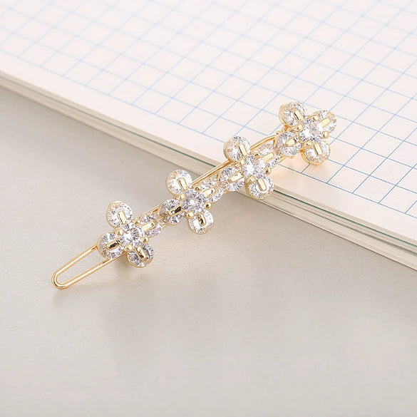 Hair Accessories Alloy Round Fourleaf Clover Sparkling Gem Zircon Electroplated Side Clip For Women