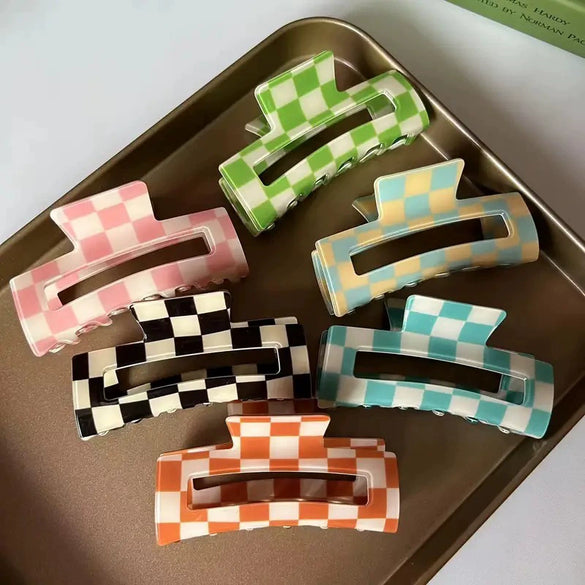 Hair Accessories Black And White Checkerboard Shark Clip Pvc Plastic Resin Painted Square Grab Clip