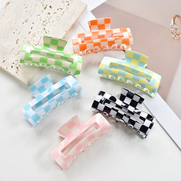 Hair Accessories Black And White Checkerboard Shark Clip Pvc Plastic Resin Painted Square Grab Clip