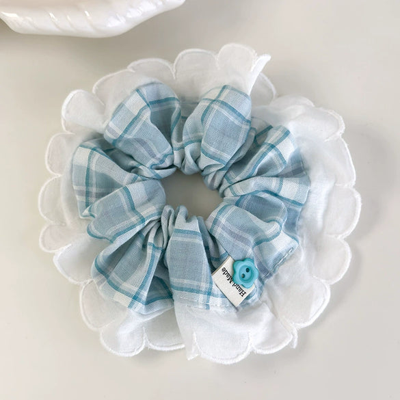 Hair Accessories Blue Lace Plaid Knitted Hair Ring For Women