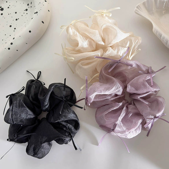 Hair Accessories Mesh Knitting Geometric Large Hair Loop With Ribbon Bow And Leather Band