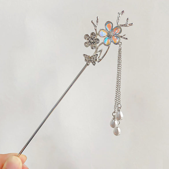 Hair Accessories Metal Handmade Moonstone Tassel Hairpin With Flower Pattern
