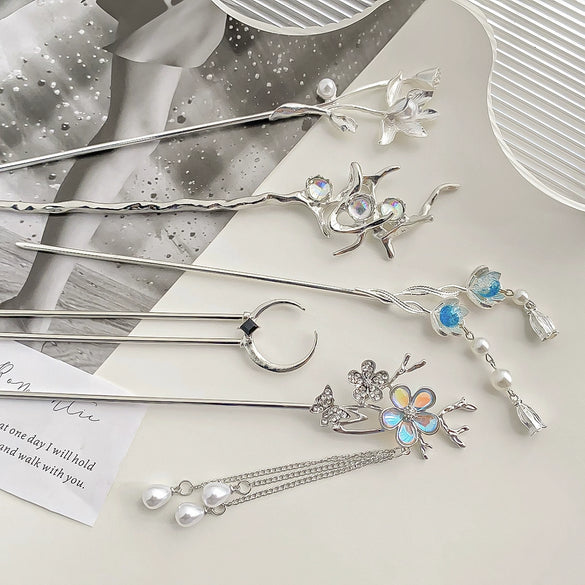Hair Accessories Metal Handmade Moonstone Tassel Hairpin With Flower Pattern