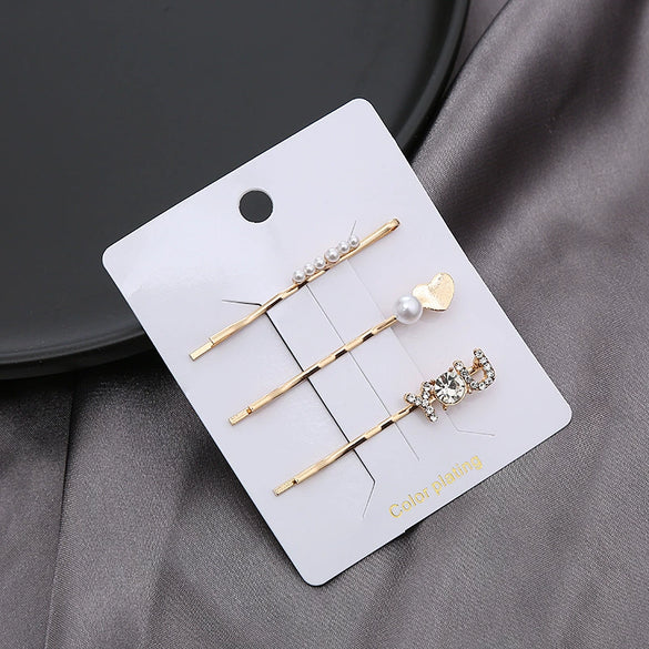 Hair Accessories Metal Rhinestone Pearl Electroplated Bangs Clip Side Clip Oneword Clip For Women