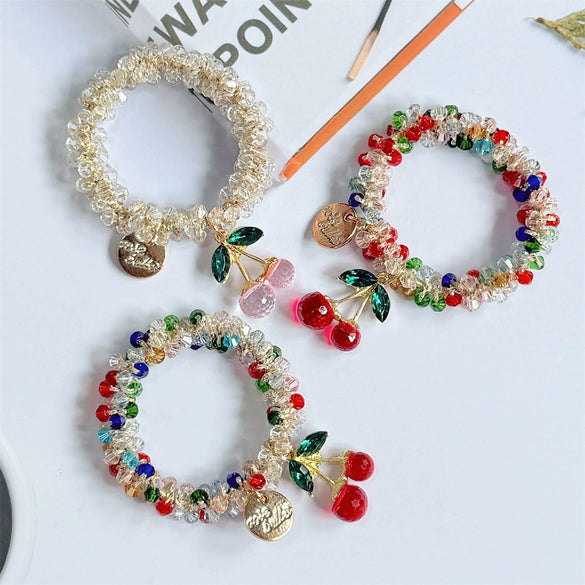 Hair Accessories Mixed Materials Handmade Cherry Rhinestone Glazed Crystal Hair Band Braided Hair Rope Rubber Band Headband With High Elasticity