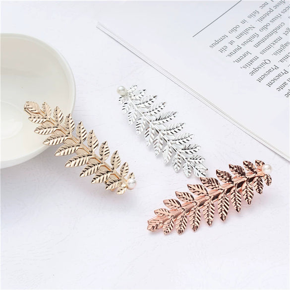 Hair Accessories Pearl Crystal Duckbill Clip Leaf Hairpin For Women Iron Material Baroque Style Electroplating