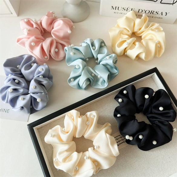 Hair Accessories Solid Color Satin Fabric Pearl Inlaid High Elastic Hair Ring