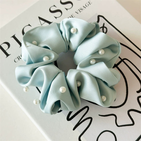Hair Accessories Solid Color Satin Fabric Pearl Inlaid High Elastic Hair Ring