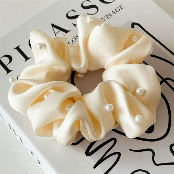 Hair Accessories Solid Color Satin Fabric Pearl Inlaid High Elastic Hair Ring