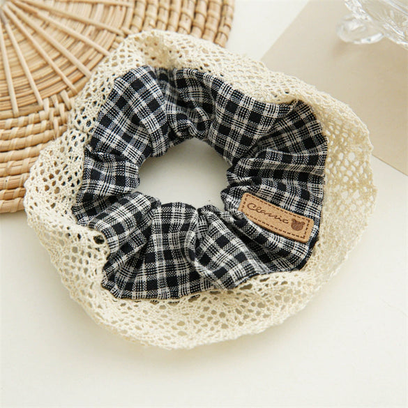 Hair Band Fabric Handmade Preppy Style Black And White Plaid Vintage Lace Edge