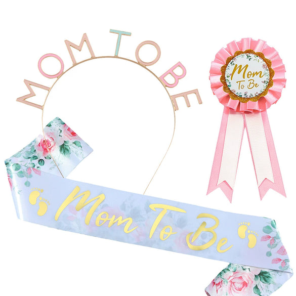 Hair Band Shoulder Strap Badge Three Piece Set For Mom To Be And Dad To Be Alloy Satin Cloth Tinplate Hot Stamping