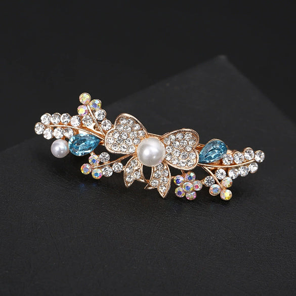 Hair Clip Alloy Rhinestone Pearl Bow Accessory For Women Electroplated Natural Style