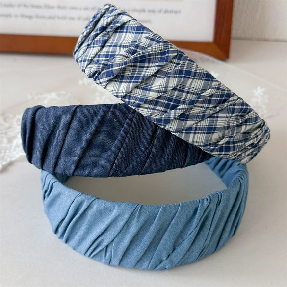 Hair Hoop Headband Hair Clips Mixed Materials Handmade Literary Blue Plaid Pleated Style For Women