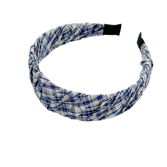Hair Hoop Headband Hair Clips Mixed Materials Handmade Literary Blue Plaid Pleated Style For Women