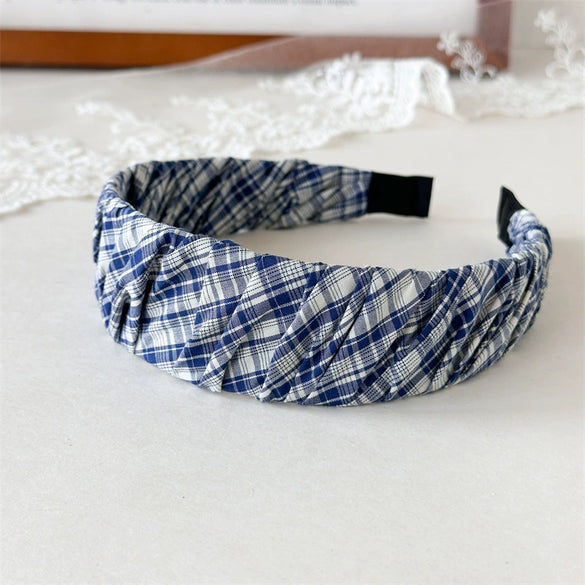 Hair Hoop Headband Hair Clips Mixed Materials Handmade Literary Blue Plaid Pleated Style For Women
