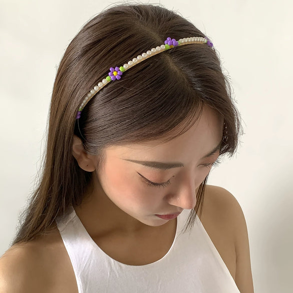 Hair Hoop Metal Daisy Flower Rice Bead Imitation Pearl Pastoral Style Geometric Hair Accessories