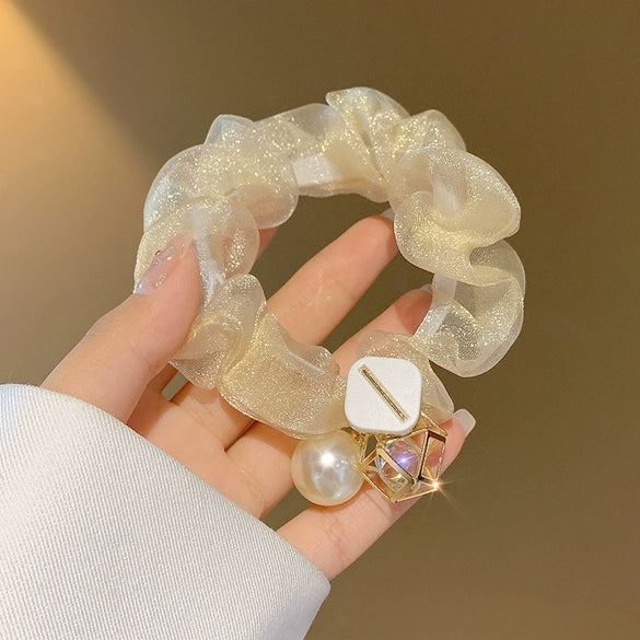 Hair Ring Hair Rope Headdress Mixed Material Geometric Handmade Pearl Hollow Water Drill High Elastic