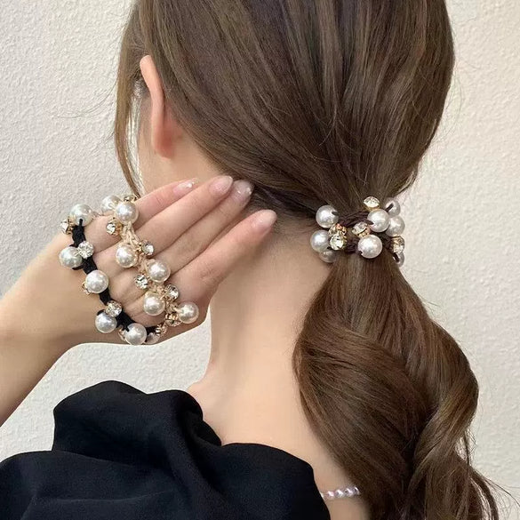 Hair Rope Rubber Band Imitation Pearl Geometric High Elastic Handmade Hair Ring