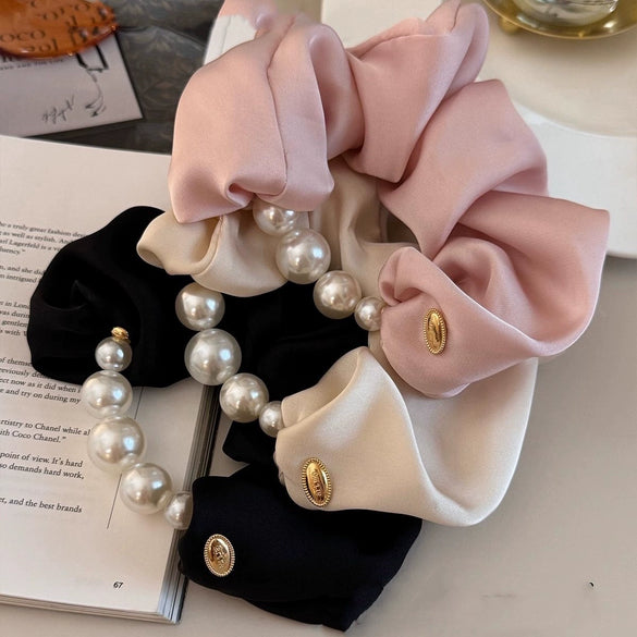 Hair Strap Rubber Fabric Handmade High Elasticity Natural Style Pearl Large Intestine Hair Ring