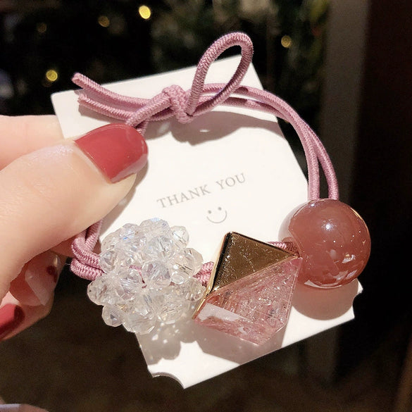 Hair Tie Female Adult Rubber Band Headwear Crystal Bead Hair Rope Hair Ring Mixed Material Handmade 2024 New Style