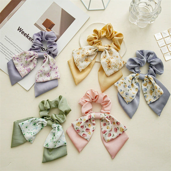 Hair Tie Floral Doublelayered Bow Fabric Sweet High Elasticity Seiko For Women