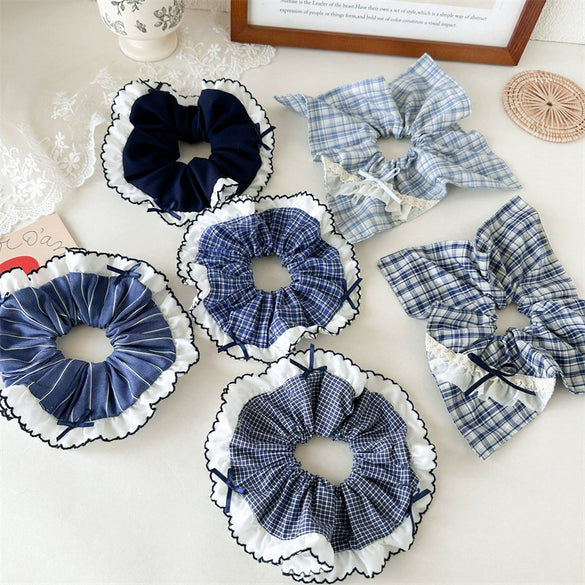 Hair Tie Rope Fabric Handmade Blue Check Bow Large Intestine Style