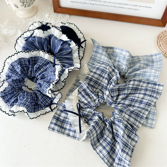 Hair Tie Rope Fabric Handmade Blue Check Bow Large Intestine Style