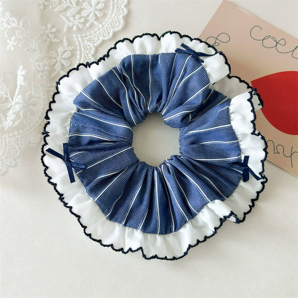 Hair Tie Rope Fabric Handmade Blue Check Bow Large Intestine Style
