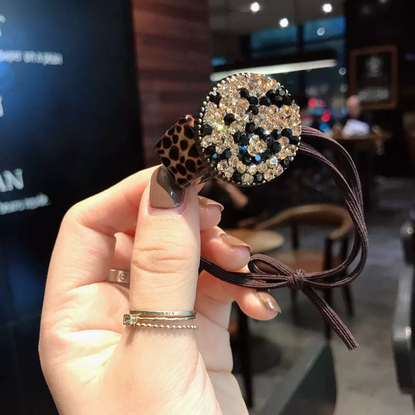 Hair Tie Rubber Band Rhinestone Handmade Leopard Print High Elastic Women's Hair Accessories