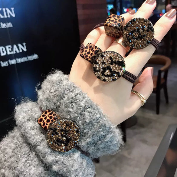 Hair Tie Rubber Band Rhinestone Handmade Leopard Print High Elastic Women's Hair Accessories